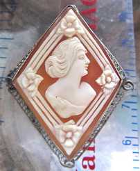 Vintage circa 1930 Diamond shape carved shell cameo. Signed Marked 14K White Gold filigree Brooch/Pendant.