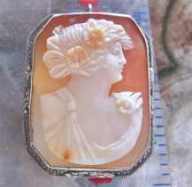 1920th Art Nouveau Flora Goddess- Great hand carved shell Hallmarked 14K White Gold filigree Brooch/Pendant.