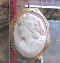 Goddess Diana image - greatly carved Coral Stone. Signed by the Artist Etched 10K Yellow Gold Victorian Brooch/Pendant circa 1895-1910