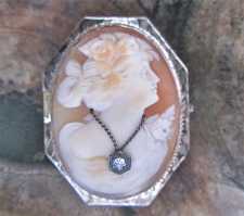 Well carving shell - The woman in the necklace & Diamond Hallmarked 8 angle 14K White Gold filigree Brooch. From 1930th