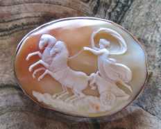 British Victorian shell depict of Selena/Luna Goddess in chariot Huge Marked 9 Karat Yellow Gold brooch/pendant circa 1870
