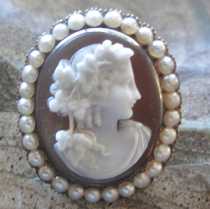 Small Bacchante Beauty- Intricately carved Sardonyx shell circa 1870 Brooch with Pearls unmarked/tested by the Jeweler 14K Yellow Gold.
