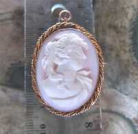 Edwardian beauty - Greatly carved high relief Coral Stone from 1910th 10K Yellow Gold twisted double frame Brooch/Pendant