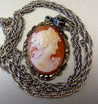 Edwardian circa 1915 Cameo Silver Bezel Bacchante Image Pendant with 925 Sterling marked (on the bale) chain. Signed by Artist