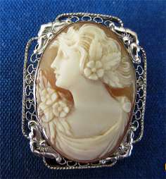 Superior Hand Carved Carnelian Shell circa 1915 Silver with Zinc Filigree Bezel Brooch