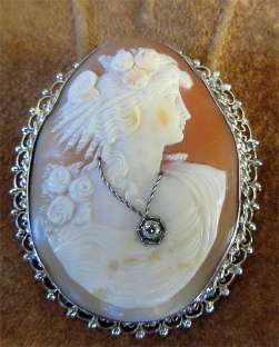 A Beautiful Art Deco (1915-1925) Antique Cameo 2.25” White Gold or Sterling Pendent & Brooch w/Diamond