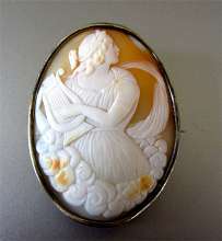 Circa 1850 fabulous image of female with Lira in the sky Big Lite Carnelian Shell in Vermeil Silver Brooch