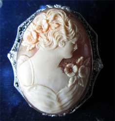 Big Hand Carved Carnelian Shell circa 1935 Silver with Zinc Filigree Bezel Brooch