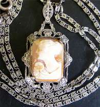 Edwardian circa 1915 Cameo Silver Bezel ladies Image Sterling Pendant marked (on the bale) chain.