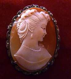 Large Art Deco Silver Marquisette shell cameo brooch/pendent