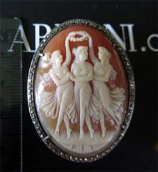 3 Graces Sterling Silver Marquisette Brooch/Pendant Antique Detail Carved Cameo. Circa 1935