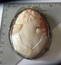 Big Museum Quality Art Deco Carnelian Shell Carving circa 1930 Filigree Sterling Pendant. Signed by Author