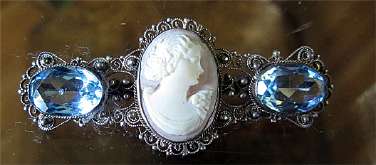 Shell Beauty Framed Filigree Brooch Aquamarine stone