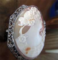 Huge Quality Art Deco Carnelian Shell Carving circa 1930 Filigree Sterling Pendant/Pin. Signed by Author