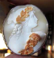 Museum Quality 3 colors Sardonyx Light Shell Bacchante Image Unmarked Sterling Silver/Platinum(?) Brooch circa 1860