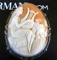 Amazing Museum Quality Carnelian Shell Woman Plying Lira, Circa 1915 (unmarked) Silver Sterling Vermeil Brooch