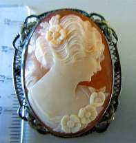 Museum Quality (circa 1925) Carnelian Shell carving & Filigree Unmarked Silver Brooch. Signed