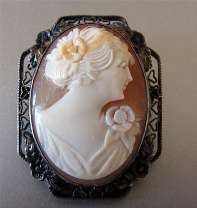 Nice (circa 1930) Carnelian Shell carving & Filigree Unmarked Silver w/patina Brooch.