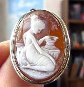 Signed Art Nouveau Carnelian Shell In silver bezel Image of sad woman (mourning cameo)