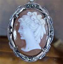 Nice hand carved Sardonyx Shell in Silver Marquisette Bezel