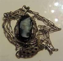 Victorian (circa 1870) Sterling Silver black & white agate Pendent with 16” marked Sterling chain