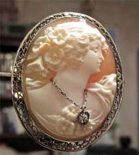 Museum Quality late Art Deco Carnelian Shell with Diamond circa 1935 Filigree marked Sterling or White Gold Brooch.