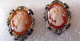 Nicely carved carnelian Shell Classic Old Roman Profiles Marquisette Silver bezel marked clips earrings