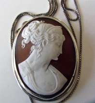Amazingly carved Neoclassical (circa 1890) Sardonyx Shell Unmarked Silver Bezel Pendant. 21” marked Italian Silver chain