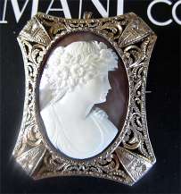 Museum Quality Art Nouveau Sardonyx Shell Carving circa 1895 Amazing Vermeil Sterling Silver Bezel Brooch.