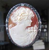 Superior Quality detailed Carnelian Shell Carving circa 1935 Amazing Zinc covered Silver Bezel Brooch.