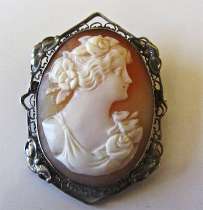 High Quality Carnelian Shell Carving circa 1935 Zinc covered Silver Bezel Brooch.