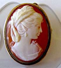 Quality Carnelian carved Shell from Italy Marked (900) Gold covered Sterling Silver Pendant/Brooch