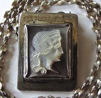 Antique (circa 1890) Sterling Silver Mother pearl carving Pendent with 24” marked Sterling chain