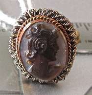 Hand carved dark on light Mother Pearl circa 1940th Gold washed Silver & Brass ring size 10