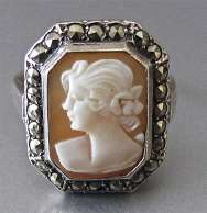 Ring size 10 Hand carved shell circa 1930th Sterling Silver with 25 marcasite pieces