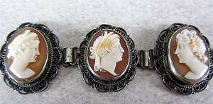 Italian Sardonyx shell’s from the end of XIX century unmarked Silver Bracelet. 3 Roman Goddess