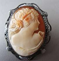 High Quality Carnelian Shell Carving circa 1930 Zinc covered Silver Bezel Brooch/Pendant.
