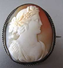Alexander The Great in gears & flowers in the hair Circa 1700-1770 Light Shell carving Unmarked Silver Rope Brooch
