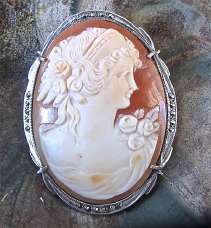 Superior late Art Nouveau Carnelian Shell Carved Young woman Large marquisette Silver Brooch/Pendant.