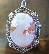Superiorly carved shell image young woman circa 1935 marked STERLING Filigree Silver Pendant/Brooch