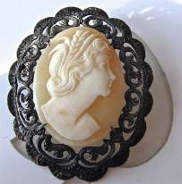 Superiorly carved Light Sardonyx shell image of girl circa 1915 Classy Darken Filigree Silver Brooch