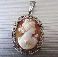 Georges Carnelian shell image of girl circa 1915 Unmarked Silver Sterling or White Gold Pendant