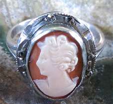 Ring size 6.5 hand carved Italian shell Circa 1930th Marked 800 Silver with marquisette