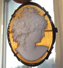 Museum Quality Art Nouveau Shell Carved Young woman Big marquisette Silver Brooch/Pendant. Circa 1910