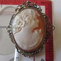 Nicely carved carnelian shell image of girl circa 1925 Filigree Gold washed (14K) Silver Brooch/Pendant