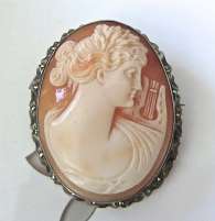 Big carnelian hand carved shell image of Muse circa 1940 Marked Silver marquisette brooch/pendant