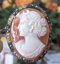 Beautiful Carnelian hand carved shell Goddess Diana circa 1940 Marked Gold (10K) & Silver marquisette brooch/pendant