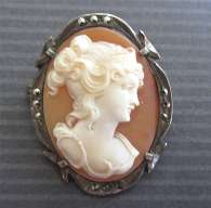 Beautiful Carnelian hand carved shell circa 1915 Marked Silver marquisette brooch/pendant
