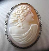 Stylish Art Deco light Carnelian Shell Carving circa 1915 Big Filigree unmarked Silver Bezel Brooch.