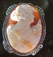 Edwardian Carnelian shell woman portrait circa 1935 Unmarked Silver-with Zinc cover Filigree Brooch
